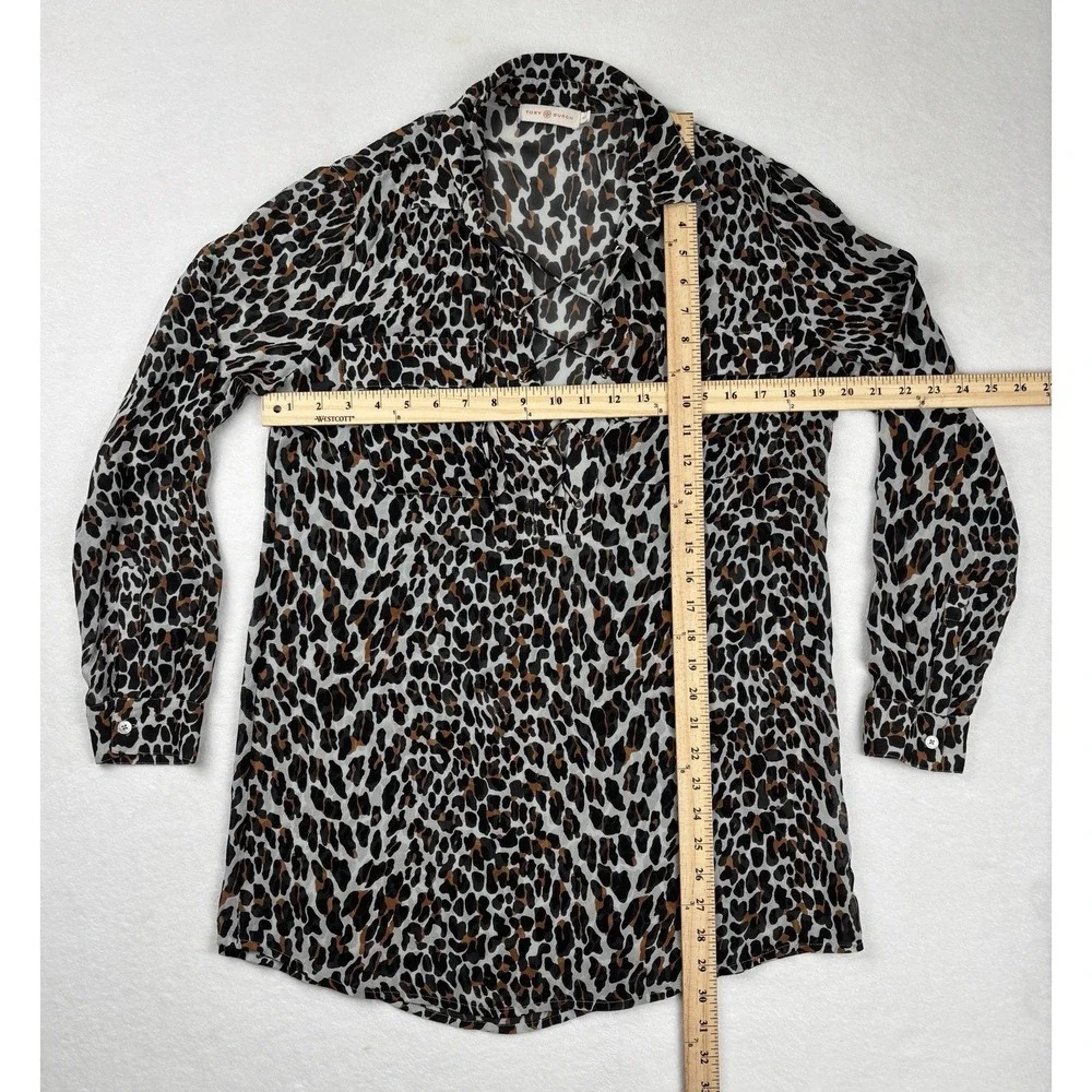 Tory Burch Leopard Print Lace‎ Up Tunic Blouse Silk Blend Size Small